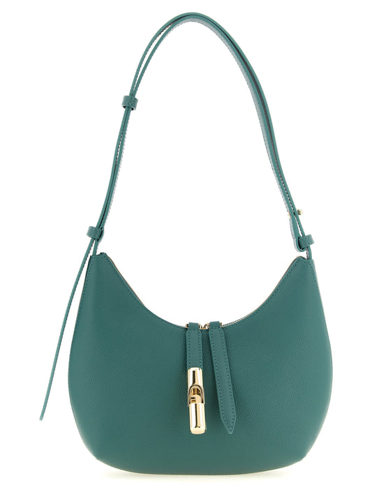 Shoulder Hobo Bag by Furla for women in calfskin leather bicolour, gold & green presents a statuesque silhouette, showcasing a secure zipper and statuesque with versatile shoulder-strap, adjustable-strap & handle for a sophisticated look.
