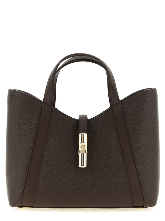 Tote Bag by Furla for women in calfskin leather brown & gold showcases a statuesque Goccia Calfskin Leather Tote Bag design, featuring a secure , ample , and versatile handle & adjustable-strap for a statuesque finish.