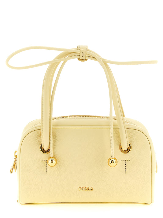 This Mini Handbag by Furla for women in calfskin leather and bicolour, gold & yellow presents a sculptural silhouette featuring a secure , ample , and versatile shoulder-strap & handle for a sculptural finish.