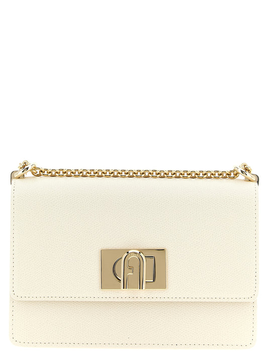 Mini 2-in-1 Shoulder & Crossbody Handbag by Furla for women in calfskin leather gold & white features a transformative sophistication silhouette, showcasing a secure turn-lock, ample , and versatile crossbody-strap & shoulder-strap for a transformative sophistication look.