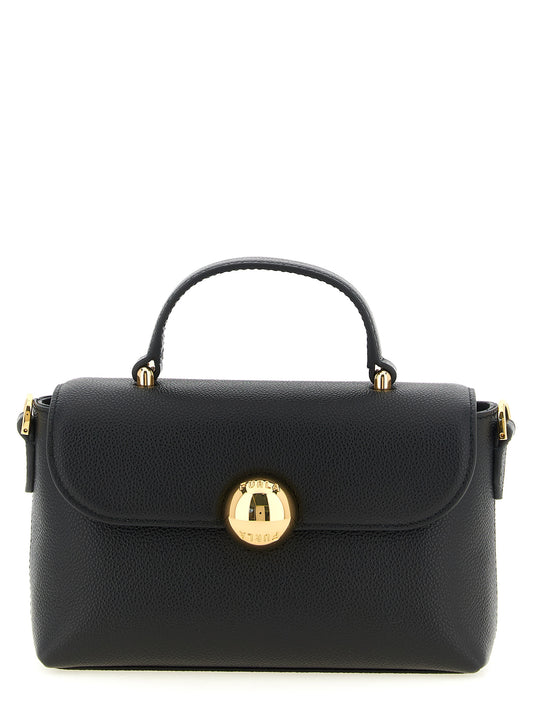 Handbag by Furla for women in calfskin leather & cotton black, gold & signature features a refined silhouette, showcasing a secure , organized , and versatile shoulder-strap, handle & adjustable-strap for a refined finish.