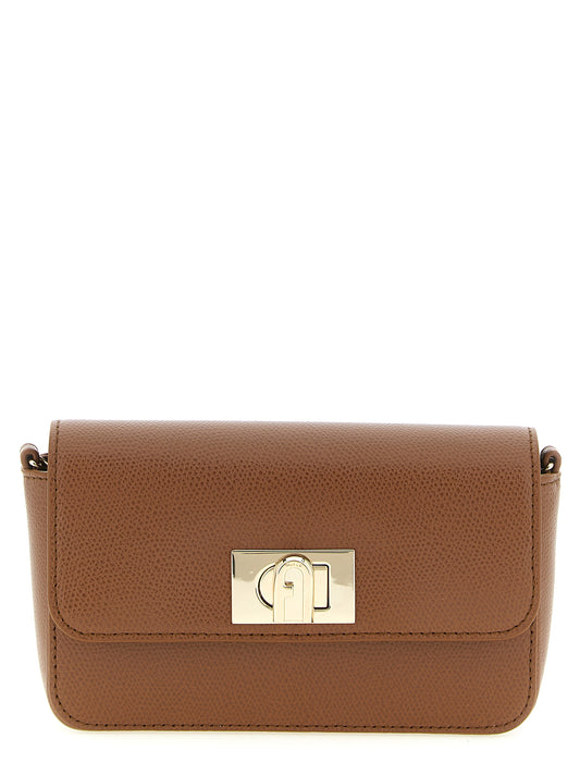Mini Crossbody Handbag by Furla for women in calfskin leather brown, gold & signature features a transformative sophistication silhouette, showcasing a secure turn-lock, ample , and versatile crossbody-strap & shoulder-strap for a transformative sophistication look.