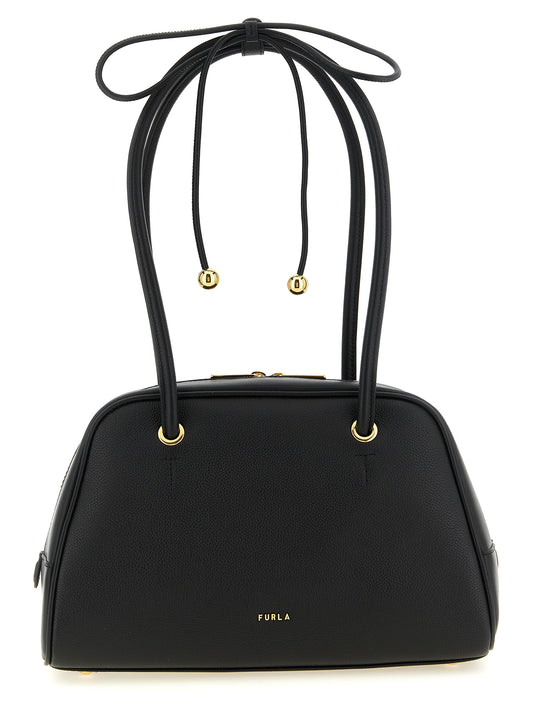 Dome Handbag by Furla for women in calfskin leather black & gold features a ornamental silhouette, showcasing a secure zipper, ample , and ornamental handle for a sophisticated look.
