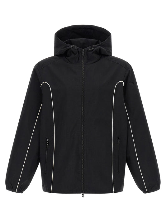 Hooded Windbreaker Jacket by Diesel for men in polyamide black features an magnificent silhouette, showcasing the sophisticated hooded neckline and functional pockets, hooded & windproof for a premium, magnificent look.