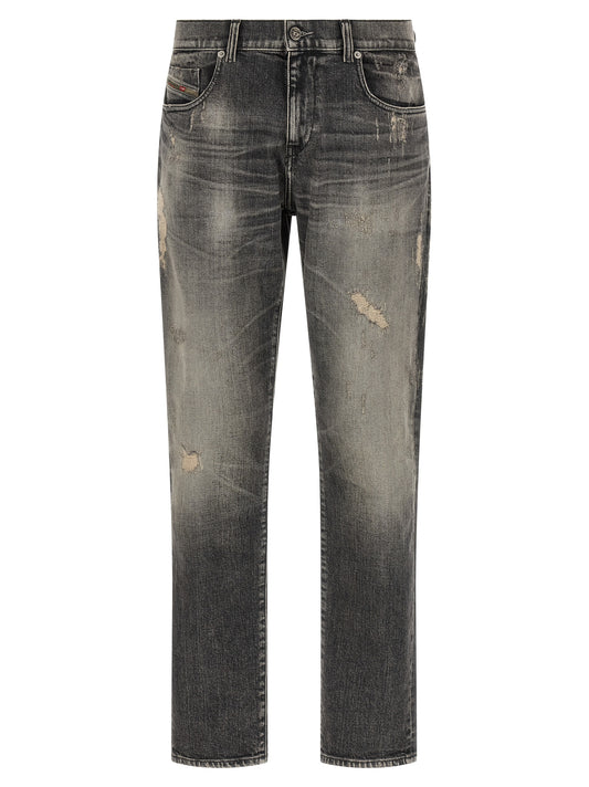 Jeans by Diesel for men in stretch denim cotton gray & red features an sartorial skinny and long with a mid rise cut for a sartorial finish.