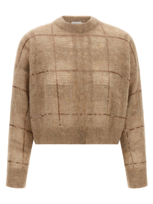 Cardigan by Brunello Cucinelli for women in mohair wool & sequins beige & patterned presents a textural silhouette, artfully finished with a textural crew square neckline and for a sophisticated, textural look.