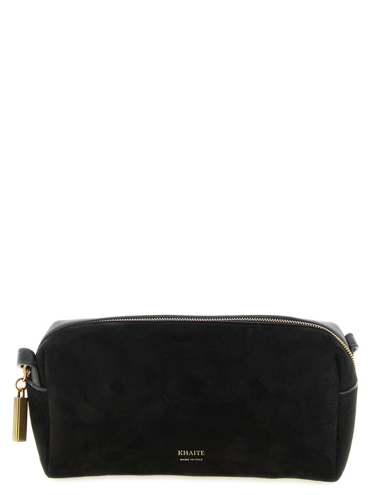 Mini Crossbody Handbag by Khaite for women in calfskin leather & nylon black & gold features a multifaceted silhouette, showcasing a secure zipper and multifaceted with versatile crossbody-strap, shoulder-strap & adjustable-strap for multifaceted style.