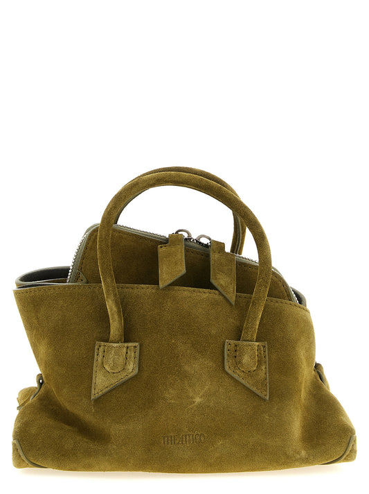Mini Handbag by The Attico for women in suede leather bicolour, green, olive & silver features a signature silhouette, showcasing a secure zipper and signature with versatile shoulder-strap, detachable-strap & handle for a sophisticated look.