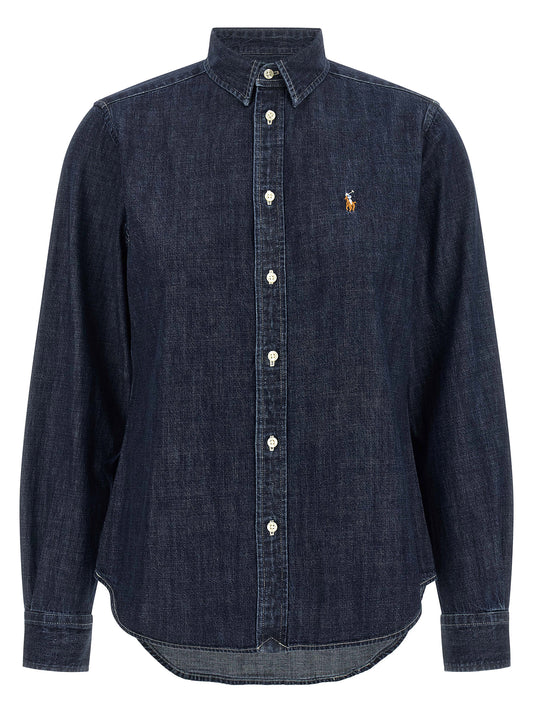 Blouse by Polo Ralph Lauren for women in denim cotton dark-blue & signature features an architectural silhouette with a refined long-sleeve and elegant for a architectural look.