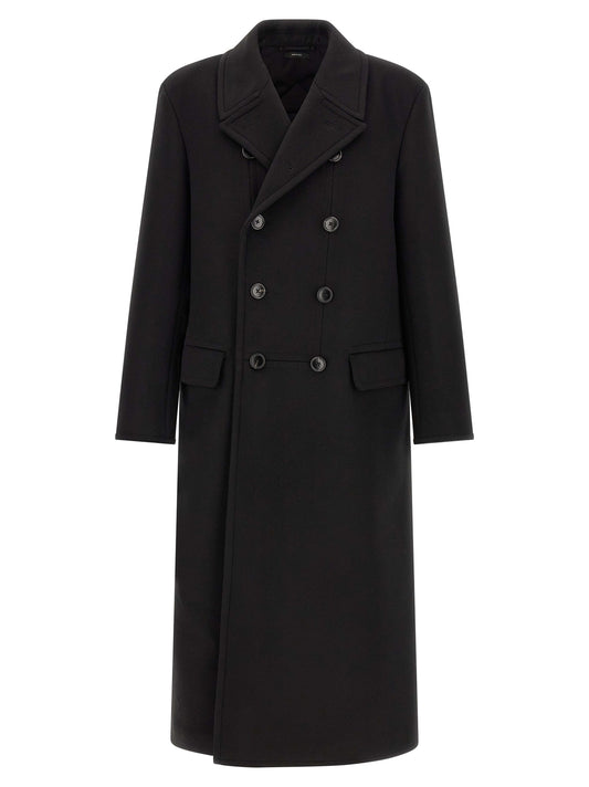 Overcoat by Tom Ford for men in cashmere virgin wool black showcases a architectural silhouette, artfully detailed with a distinctive split neckline and functional pockets for a architectural finish.