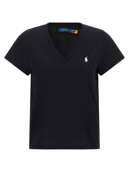 Polo Shirt by Polo Ralph Lauren for women in cotton black & white presents a distinguished silhouette, showcasing a sophisticated v-neck neckline and distinguished short-sleeve for a truly distinguished finish.
