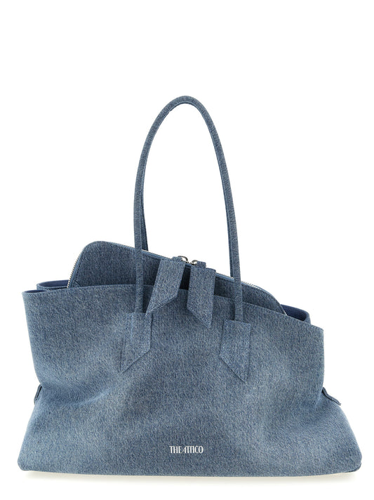 Medium Shoulder Bag by The Attico for women in stretch denim cotton & faux leather blue, silver & print features an effortlessly chic silhouette with a secure zipper, ample , and versatile shoulder-strap & handle for effortlessly chic everyday luxury.