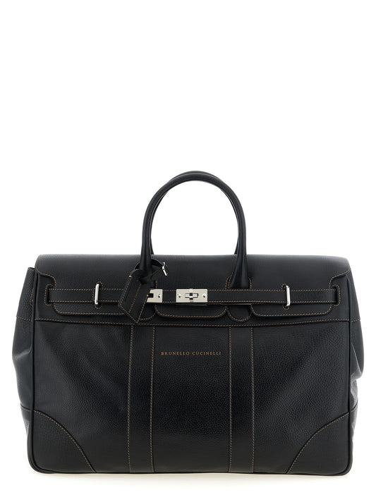 Travel Flap Duffel Bag by Brunello Cucinelli for men in calfskin leather black, burgundy, gold & silver features a on trend Calfskin Leather Travel Flap Duffel Bag design with a secure flap, zipper & turn-lock, ample , and versatile handle for a on trend aesthetic.