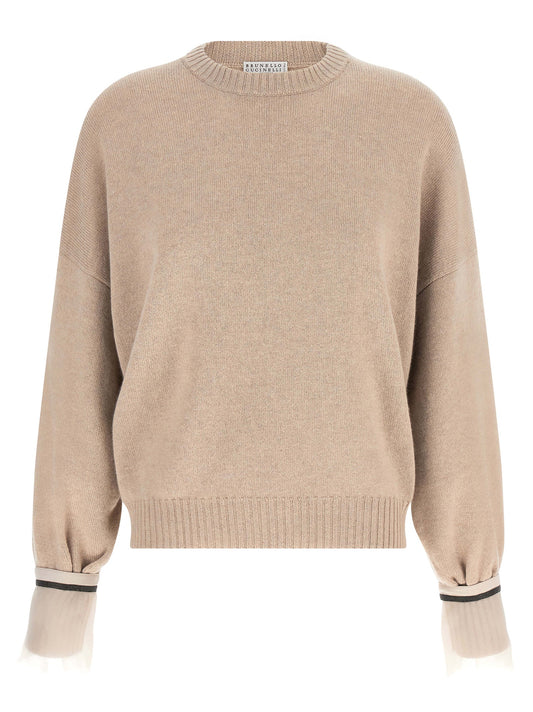 Cardigan by Brunello Cucinelli for women in cashmere & silk beige & signature presents a textural silhouette, artfully finished with a textural crew neckline and long-sleeve for a sophisticated, textural look.