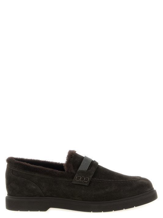 Flat Loafer Slip-On Winter Shoes by Brunello Cucinelli for women in suede calfskin leather brown features an effortless chic silhouette, showcasing the Monile Women's Suede Calfskin Leather Flat Loafer Slip-On Winter Shoes design with an effortless chic flat and a round toe style for a effortless chic look.