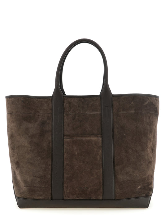 Large Pouch Tote Bag by Tom Ford for men in suede calfskin leather brown & silver showcases a urban-chic T Bar Suede Calfskin Leather Large Pouch Tote Bag design, featuring a secure , ample , and versatile handle for a urban-chic finish.
