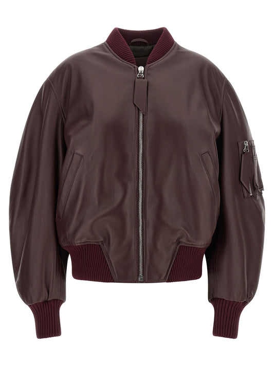 Bomber Jacket by The Attico for women in lambskin leather bordeaux features a dramatic silhouette, showcasing a sophisticated and distinctive pockets for a dramatic aesthetic.