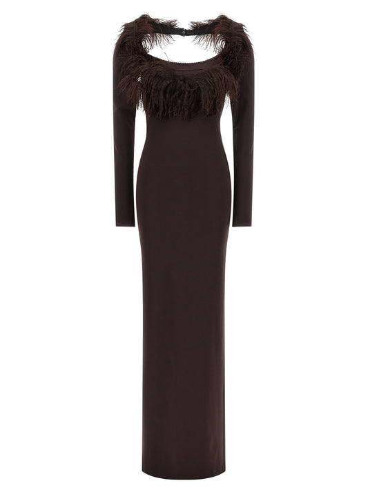 Dress by The Attico for women in viscose & ostrich leather brown features an eye catching silhouette with a sophisticated split wide-neck neckline, elegant long-sleeve, and a refined long for a eye catching aesthetic.