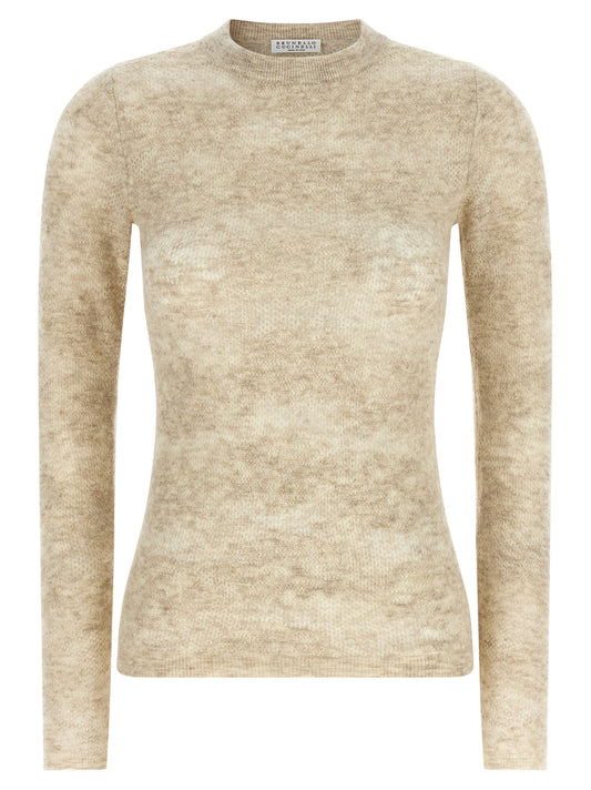 Cardigan by Brunello Cucinelli for women in silk & alpaca wool beige & floral features an crisp silhouette, showcasing a sophisticated round neckline and long-sleeve detail for a truly crisp finish.