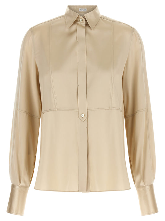 Blouse by Brunello Cucinelli for women in silk satin beige & sand, featuring a nuanced long-sleeve and nuanced for a sophisticated finish.