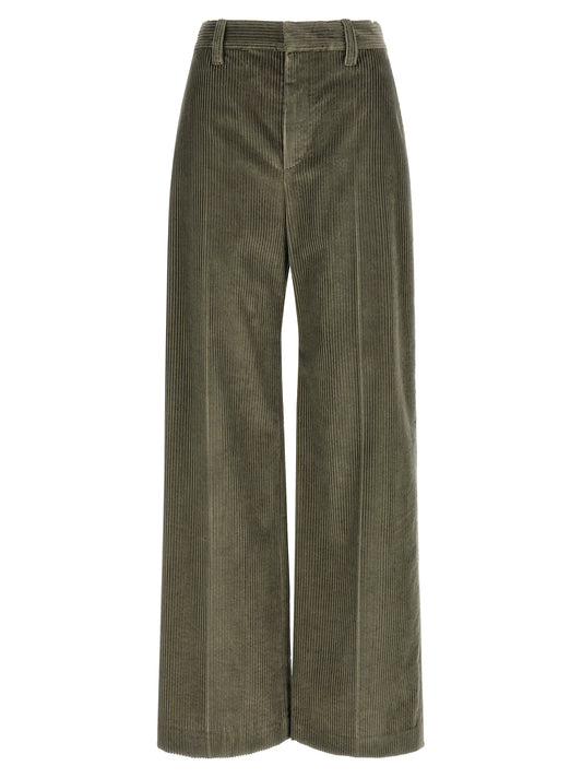 Trousers by Brunello Cucinelli for women in cotton corduroy bicolour, green & olive features a sculptural silhouette, showcasing a sculptural flared, relaxed-fit & wide and long with a sophisticated for a sculptural finish.