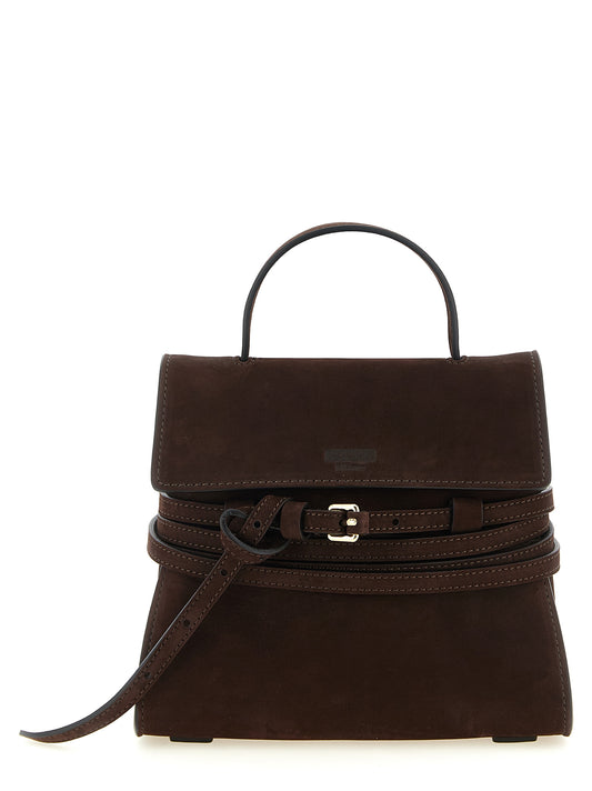 Small Flap Handbag by Moschino for women in calfskin suede leather brown, gold & patterned features a refined silhouette, showcasing a secure flap & buckle, organized , and versatile shoulder-strap, handle, adjustable-strap, detachable-strap & belt-strap for a refined finish.