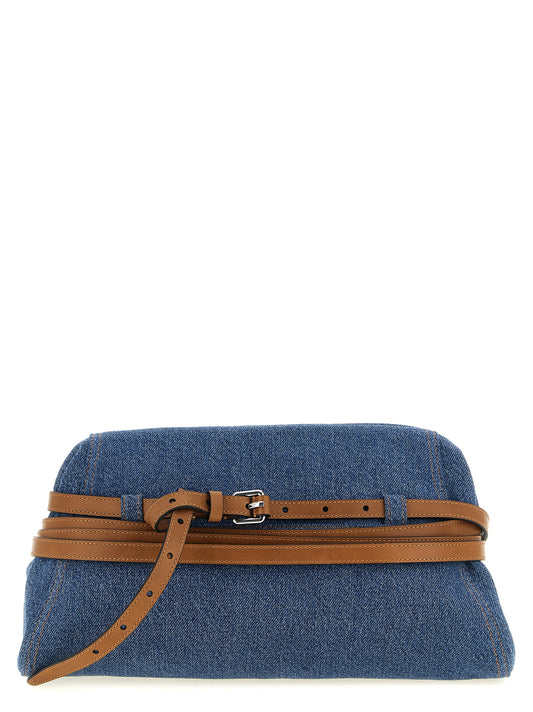 Large Clutch Handbag by Moschino for women in calf leather & cotton blue & silver showcases a sculptural silhouette, featuring a secure zipper, magnetic & buckle, ample internal-pockets, and versatile shoulder-strap, adjustable-strap, detachable-strap & belt-strap for a sculptural aesthetic.