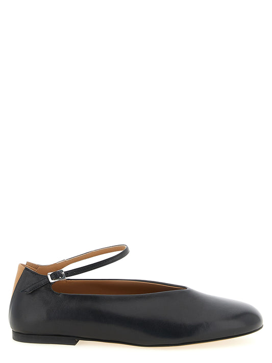 Ballet Flat Shoes by Jil Sander for women in calfskin leather black, camel & silver showcases a dynamic silhouette, artfully capturing Women's Calfskin Leather Ballet Flat Shoes through its distinctive and elegant .