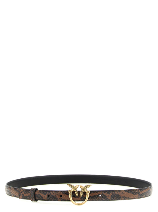 Belt by PINKO for women in calfskin leather black, brown, gold & print features an distinguished design, perfectly showcasing the sophisticated craftsmanship of this distinguished Love Birds Calfskin Leather Belt.