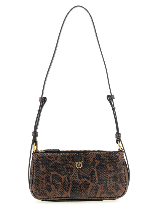 Compact 2-in-1 Shoulder & Crossbody Handbag by PINKO for women in calfskin leather & nylon black, brown, gold & print features an multi-faceted design with a secure zipper, ample , and versatile crossbody-strap, shoulder-strap & adjustable-strap for a multi-faceted finish.