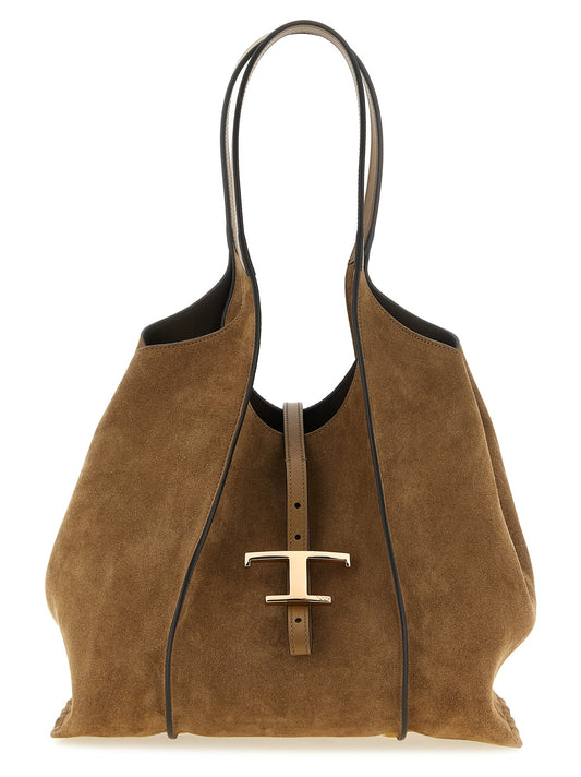 Shopper Tote Clutch Bag by Tod's for women in calfskin leather & nylon brown & gold features a jet-set sophisticated T Timeless Calfskin Leather & Nylon Shopper Tote Clutch Bag design with a secure zipper, ample , and versatile handle for a jet-set sophisticated finish.