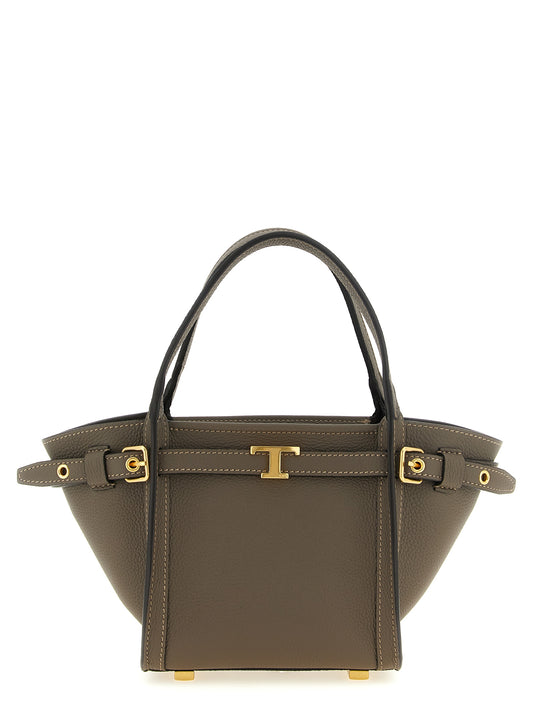 Mini Shopper Tote Bag by Tod's for women in calfskin leather gray & gold showcases a statuesque T Timeless Tim Calfskin Leather Mini Shopper Tote Bag design, featuring a secure snap & zipper, ample , and versatile shoulder-strap, handle, adjustable-strap, detachable-strap & belt-strap for a statuesque finish.