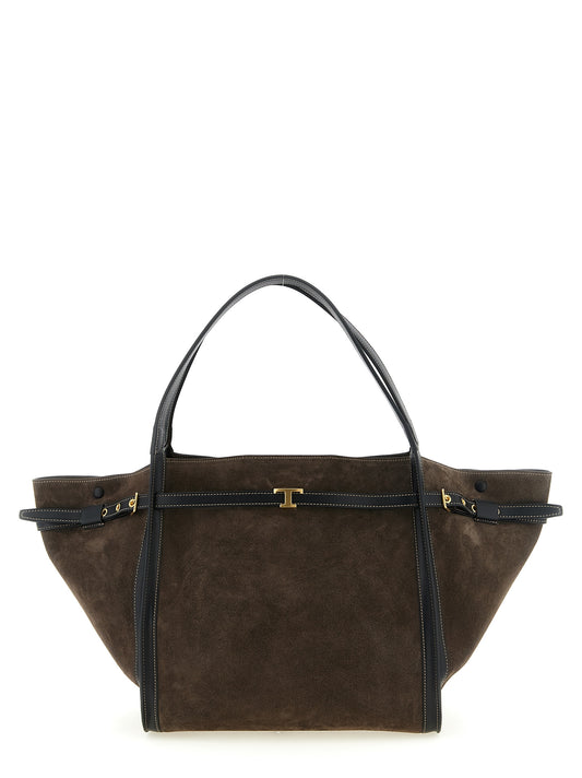 Shopper Tote Bag by Tod's for women in calfskin leather & nylon brown & gold features a jet-set sophisticated T Timeless Tim Calfskin Leather & Nylon Shopper Tote Bag design with a secure snap & zipper, ample , and versatile handle, adjustable-strap & belt-strap for a jet-set sophisticated finish.