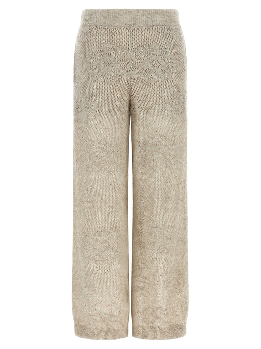 Trousers by Brunello Cucinelli for women in mohair virgin wool & sequins beige & sand features a sculptural silhouette, showcasing a sculptural straight-leg, relaxed-fit & wide and long with a sophisticated for a sculptural finish.