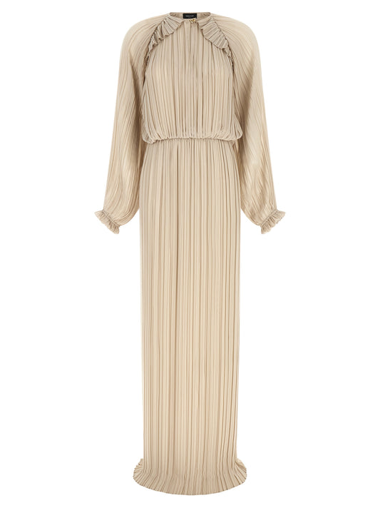 Dress by Fabiana Filippi for women in polyester beige, gold & sand presents a sinuous silhouette, showcasing a sophisticated and detailed with a sinuous long for a refined finish.