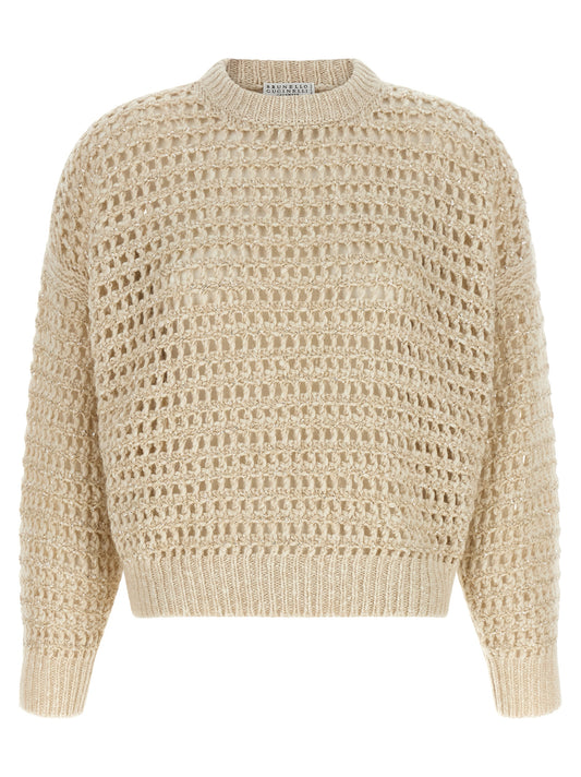 Cardigan by Brunello Cucinelli for women in cashmere mohair & wool beige & cream presents a textural silhouette, artfully finished with a textural round neckline and for a sophisticated, textural look.