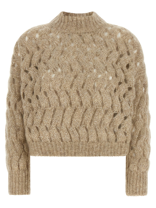 Cardigan by Brunello Cucinelli for women in mohair wool & sequins beige, sand & patterned presents a textural silhouette, artfully finished with a textural turtle high-neck neckline and for a sophisticated, textural look.