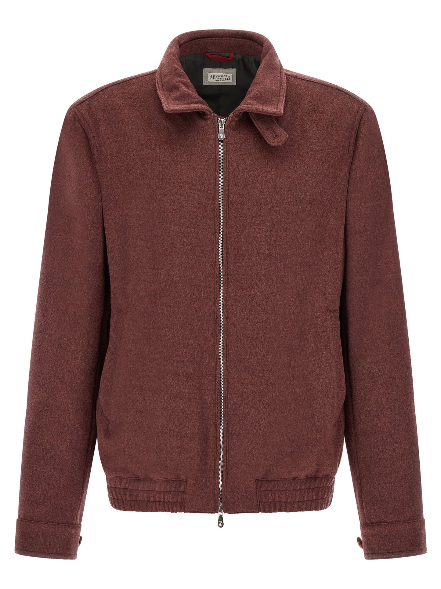 This Bomber Jacket by Brunello Cucinelli for men in virgin wool bordeaux exhibits a edgy silhouette, meticulously detailed with functional and a edgy shirt-collar neckline for a edgy finish.