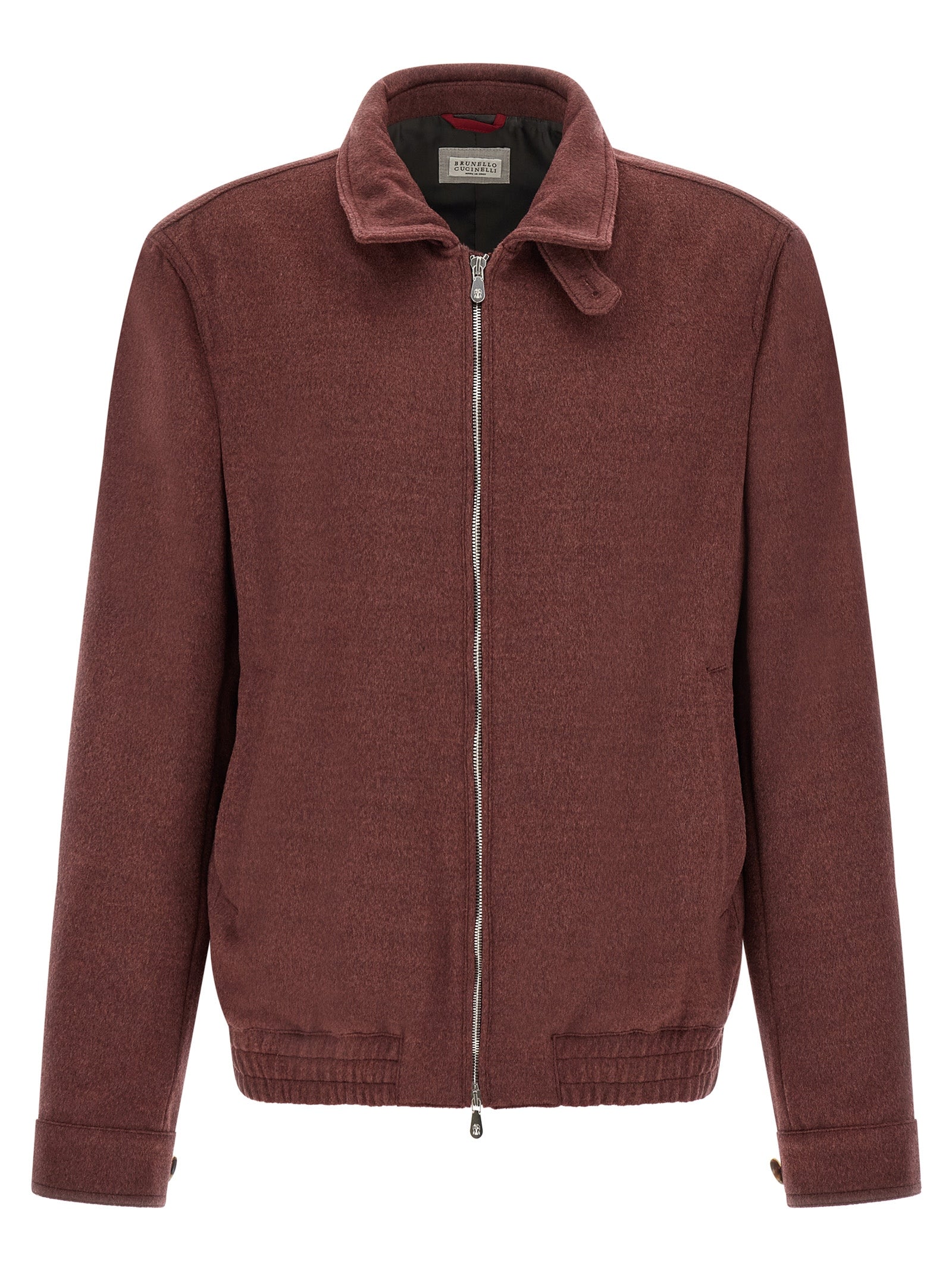 This Bomber Jacket by Brunello Cucinelli for men in virgin wool bordeaux exhibits a edgy silhouette, meticulously detailed with functional and a edgy shirt-collar neckline for a edgy finish.