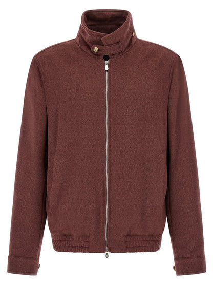 Bomber Jacket by Brunello Cucinelli for men in virgin wool bordeaux features a city-ready silhouette, detailed with and a city-ready shirt-collar neckline.