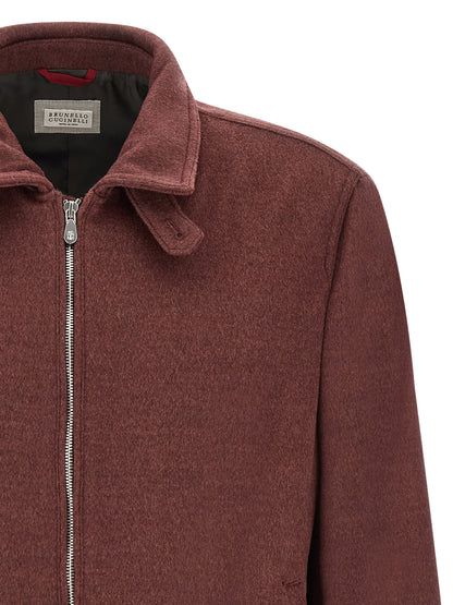 This Bomber Jacket by Brunello Cucinelli for men in virgin wool bordeaux exhibits a edgy silhouette, meticulously detailed with functional and a edgy shirt-collar neckline for a edgy finish.