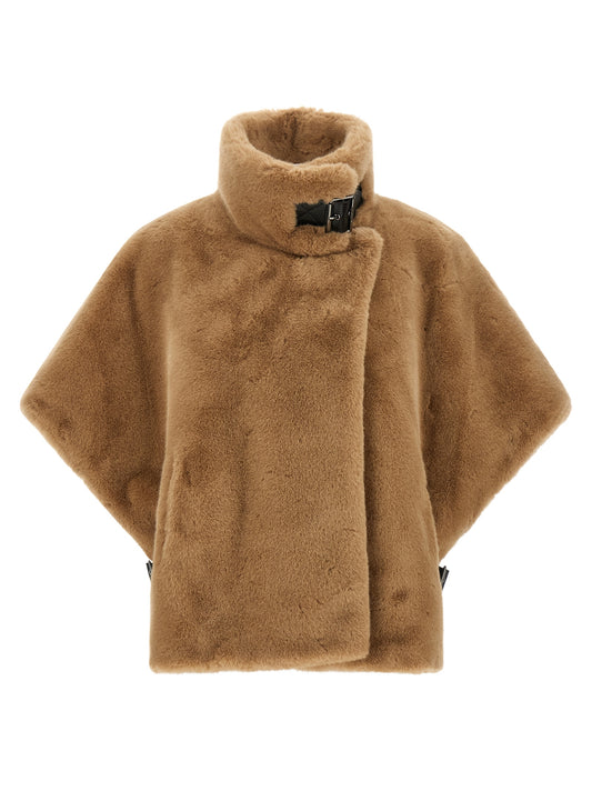 Cape by PINKO for women in polyester leather & fur beige, black, camel & silver presents a cosy chic silhouette, meticulously detailed with distinctive and a sophisticated wrap high-neck neckline for a truly cosy chic finish.