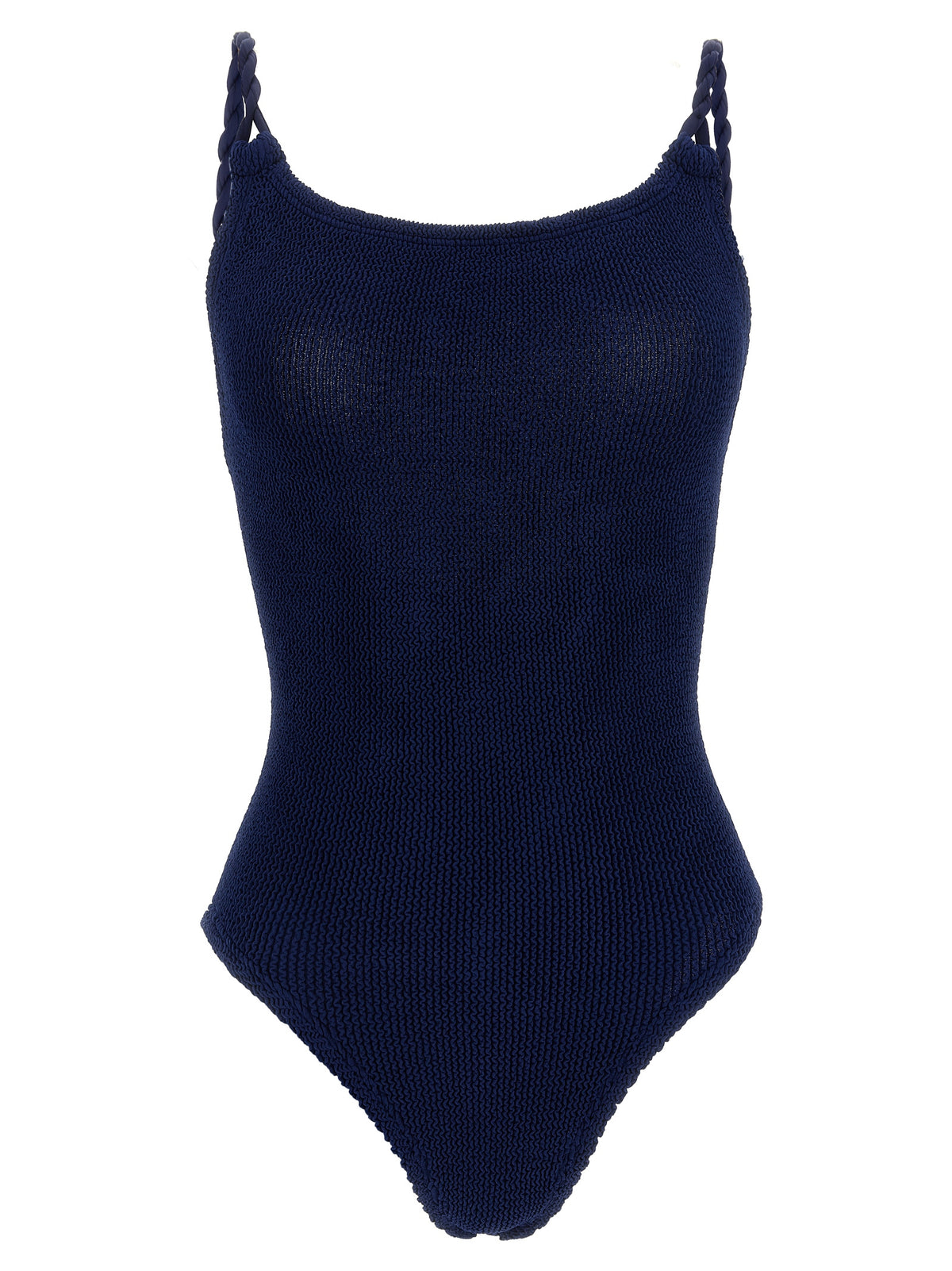 One-Piece Swimsuit by Hunza G for women in stretch polyamide navy & signature showcases a captivating silhouette, artfully capturing the essence of the captivating Women's Stretch Polyamide One-Piece Swimsuit design for a sophisticated look.