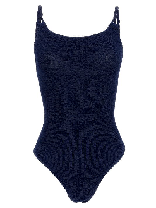 One-Piece Swimsuit by Hunza G for women in stretch polyamide navy & signature showcases a captivating silhouette, artfully capturing the essence of the captivating Women's Stretch Polyamide One-Piece Swimsuit design for a sophisticated look.
