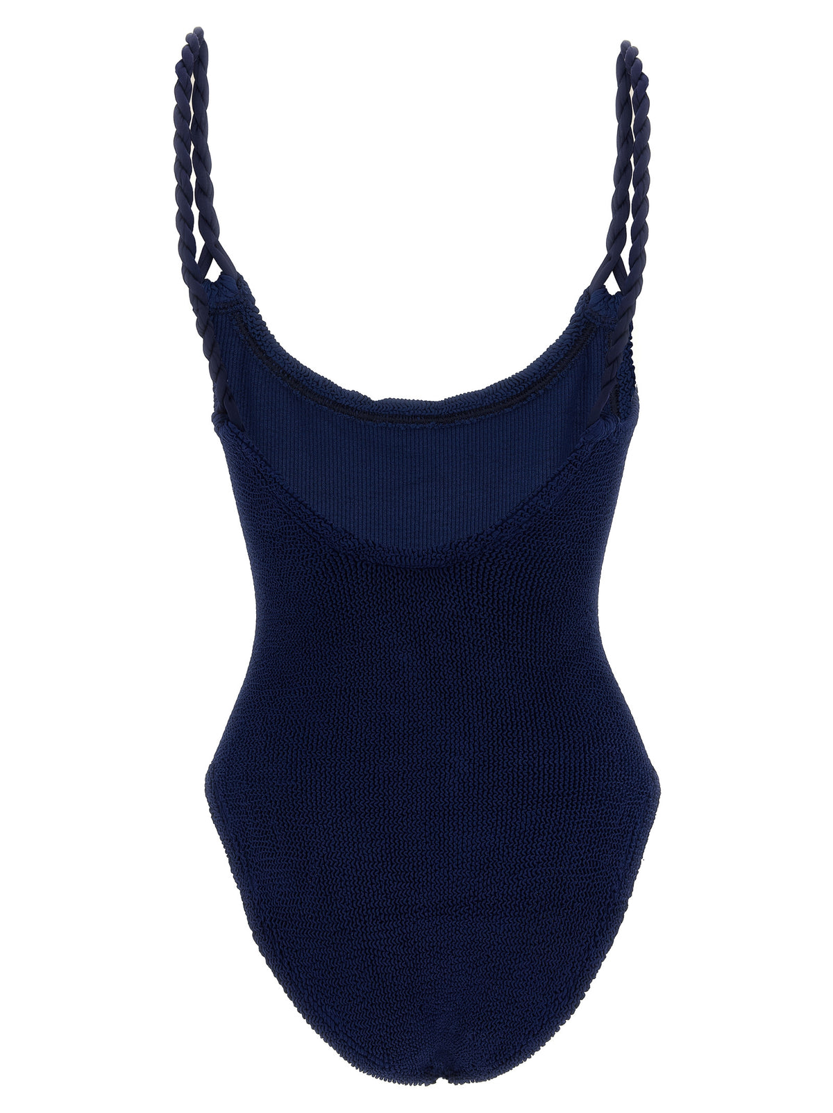 One-Piece Swimsuit by Hunza G for women in stretch polyamide navy & signature features a contemporary silhouette, showcasing the contemporary cut of this Women's Stretch Polyamide One-Piece Swimsuit for a sophisticated, contemporary beachwear aesthetic.