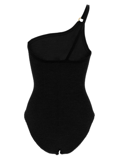 One-Piece Swimsuit by Hunza G for women in stretch polyamide black & gold features a contemporary silhouette, showcasing the contemporary cut of this Women's Stretch Polyamide One-Piece Swimsuit for a sophisticated, contemporary beachwear aesthetic.