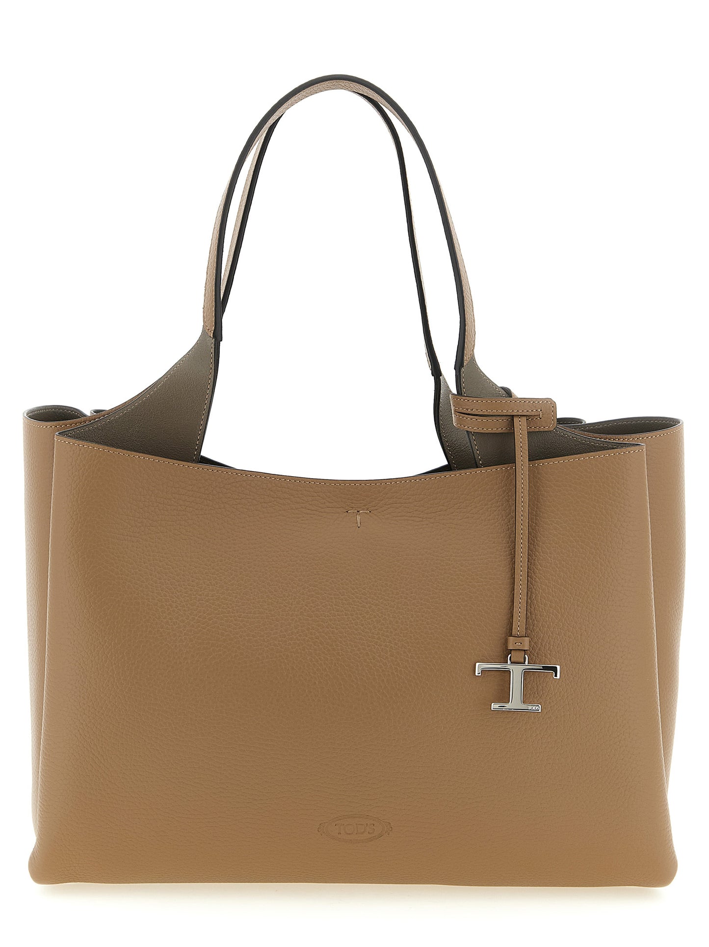 Medium Tote Bag by Tod's for women in calfskin leather brown, camel, silver & signature features an jet-setting Essence T Timeless Calfskin Leather Medium Tote Bag design with a secure hook, jet-setting built-in-compartments, and versatile handle for a jet-setting look.
