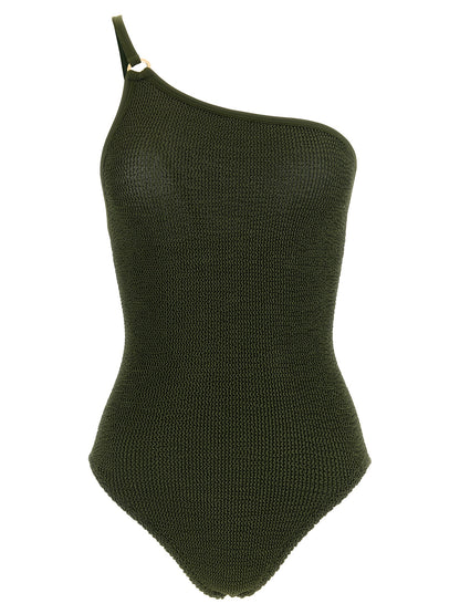 One-Piece Swimsuit by Hunza G for women in stretch polyamide bicolour, gold, green & olive features a exquisite silhouette, showcasing the exquisite design of this Women's Stretch Polyamide One-Piece Swimsuit with a exquisite fit and cut.
