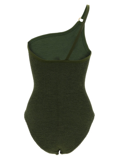 One-Piece Swimsuit by Hunza G for women in stretch polyamide bicolour, gold, green & olive features an jaw dropping silhouette, showcasing the jaw dropping Women's Stretch Polyamide One-Piece Swimsuit design with a sophisticated cut for a jaw dropping finish.