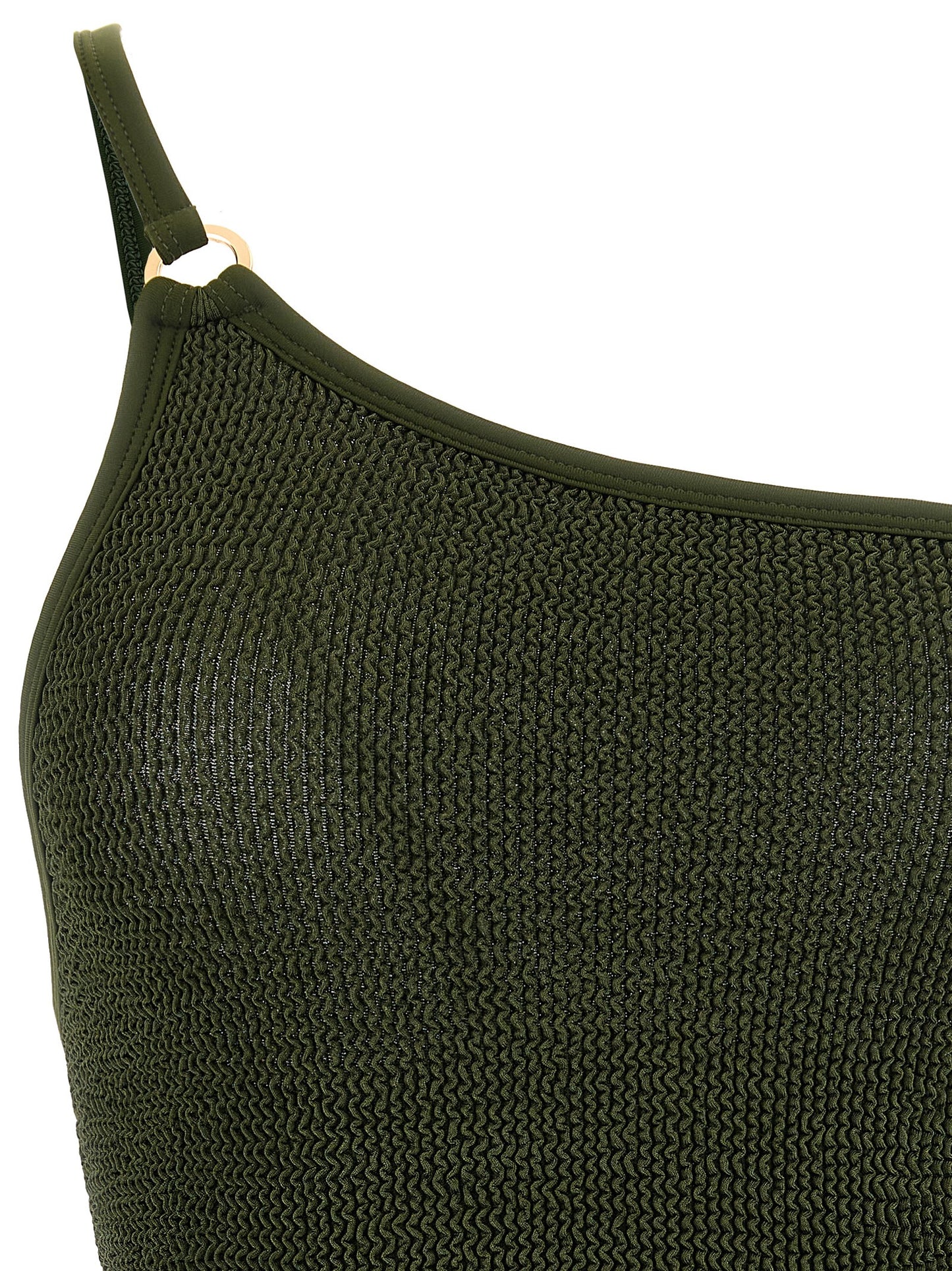 One-Piece Swimsuit by Hunza G for women in stretch polyamide bicolour, gold, green & olive showcases a couture inspired silhouette from the Women's Stretch Polyamide One-Piece Swimsuit collection, featuring a couture inspired cut designed for a couture inspired and couture inspired poolside look.